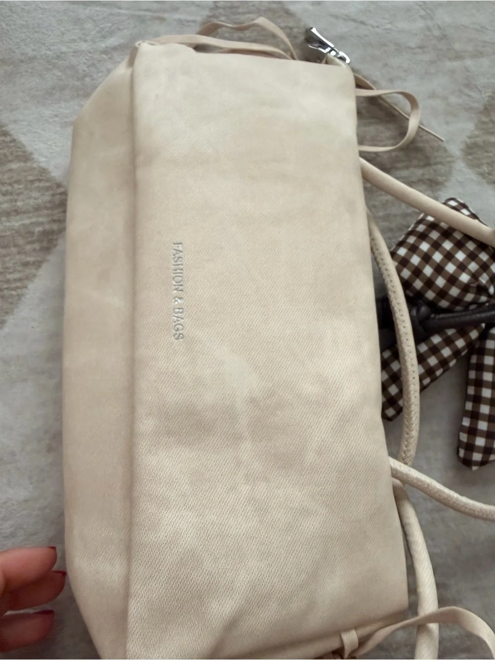 Beige Women's Shoulder Bag with Brown Gingham Bow